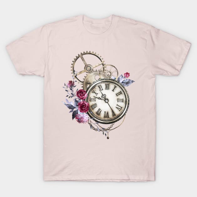 Vintage clock with flowers painting T-Shirt by Anonic
